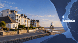 Mortgage Broker in Burnham-on-Sea hero image featuring local coastal homes, the Low Lighthouse and a Burnham-on-Sea location map.