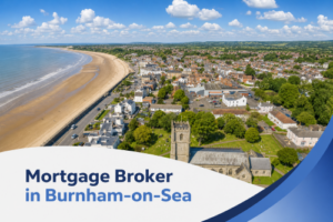 Aerial view of Burnham-on-Sea on a bright summer day, showing the coastline, beach and town buildings, with a clean white curved banner across the bottom featuring blue accent shapes and the two-tone title “Mortgage Broker in Burnham-on-Sea.”