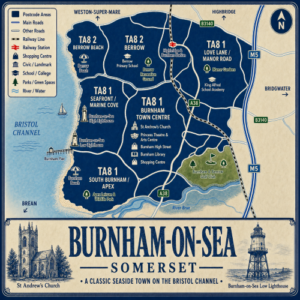 Illustrated blue and cream vintage-style map poster of Burnham-on-Sea, Somerset, showing postcode areas across Burnham Town Centre, the seafront, South Burnham and Apex, Love Lane and Manor Road, and nearby Berrow and Berrow Beach. The map includes the Bristol Channel coastline, Burnham Beach, Berrow Beach, Burnham Pier, the River Brue, the A38, the M5, the railway line, Highbridge and Burnham station, and green spaces including Apex Leisure and Wildlife Park, Berrow Recreation Ground, Manor Gardens and Burnham and Berrow Golf Club. Landmarks in the town centre include St Andrew’s Church, the Princess Theatre and Arts Centre, Burnham High Street, Burnham Library and the shopping centre. The title panel at the bottom reads “BURNHAM-ON-SEA SOMERSET” and features decorative illustrations of St Andrew’s Church and Burnham-on-Sea Low Lighthouse.