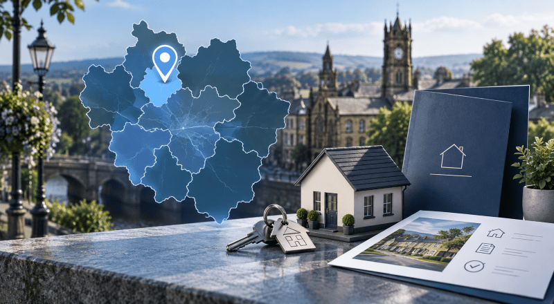 Mortgage Broker in Bury with Greater Manchester map marker, house model, keys and property documents.