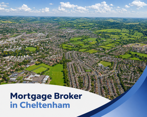 Bright summer aerial view of Cheltenham and the surrounding green countryside under a vivid blue sky with realistic white clouds, styled as a mortgage marketing graphic with a white curved banner and blue branded swooshes at the bottom, featuring the headline “Mortgage Broker in Cheltenham” in two blue tones.