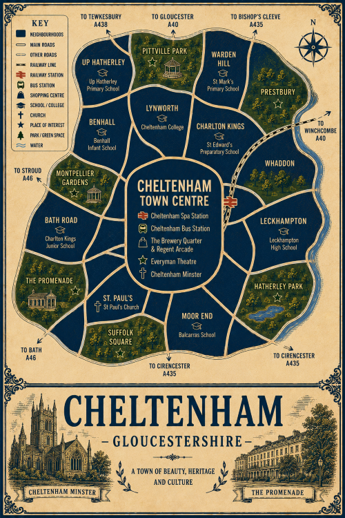 Vintage illustrated map poster of Cheltenham, Gloucestershire, with a cream parchment background and dark navy neighbourhood areas centred on Cheltenham Town Centre. The map shows labelled roads, railway line, Cheltenham Spa Station, Cheltenham Bus Station, shopping areas, schools, churches, parks and green spaces. Surrounding areas include Pittville Park, Warden Hill, Prestbury, Charlton Kings, Whaddon, Leckhampton, Moor End, St Paul’s, Bath Road, Benhall, Lynworth and Up Hatherley. Key landmarks include Cheltenham Minster, Everyman Theatre, The Brewery Quarter and Regent Arcade, The Promenade, Montpellier Gardens, Suffolk Square, Hatherley Park and Pittville Park. A decorative lower panel reads “CHELTENHAM, GLOUCESTERSHIRE” with engraved-style illustrations of Cheltenham Minster and The Promenade, plus the subtitle “A town of beauty, heritage and culture.”