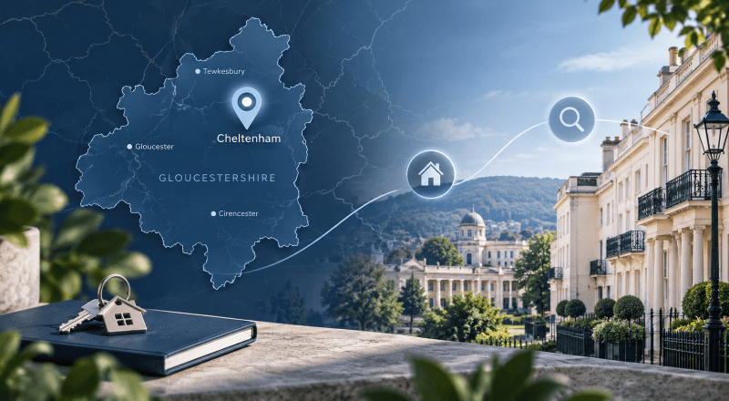 Mortgage Broker in Cheltenham – Gloucestershire location map with Cheltenham pin, Regency-style homes and property search icons.