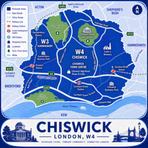 A square, blue-themed postcode map of Chiswick in London, styled with curved branded borders. The map highlights postcode areas W4 and parts of W3. Major roads such as the A4 (Great West Road), A316, A205 (South Circular), and A406 (North Circular nearby) are labelled. Chiswick town centre is marked near the middle, with Chiswick, Gunnersbury, and Turnham Green stations indicated. Key landmarks such as Chiswick House and Gardens, Fuller’s Brewery, and Chiswick Business Park are shown. The River Thames runs along the southern edge. Nearby areas including Hammersmith, Acton, Brentford, and Kew are labelled. Green spaces such as Chiswick House Gardens, Dukes Meadows, Gunnersbury Park, and Turnham Green are shown in green. The design uses layered blue tones with white text and clean boundary lines for clarity.