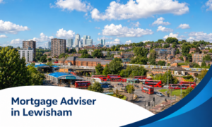 Mortgage Adviser in Lewisham banner showing a bright summer cityscape with red London buses, a train, green trees, and realistic clouds above the skyline.