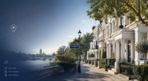 Mortgage Broker in Chiswick hero image featuring elegant riverside homes, leafy streets and subtle property and location icons.