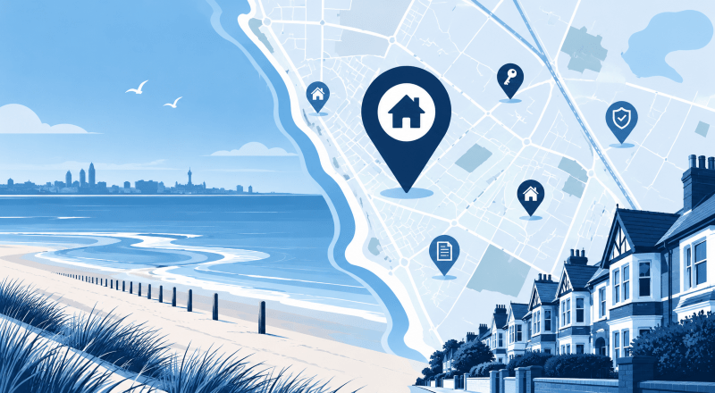 Mortgage Broker in Crosby location map with coastal homes, property markers and Crosby seaside setting.