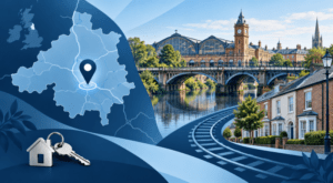 Mortgage Broker in Darlington with County Durham map, location pin, railway heritage and residential property imagery