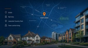 Mortgage Broker in Eastleigh hero image featuring an Eastleigh location map, SO50 postcode, rail links, Lakeside Country Park and varied local homes.