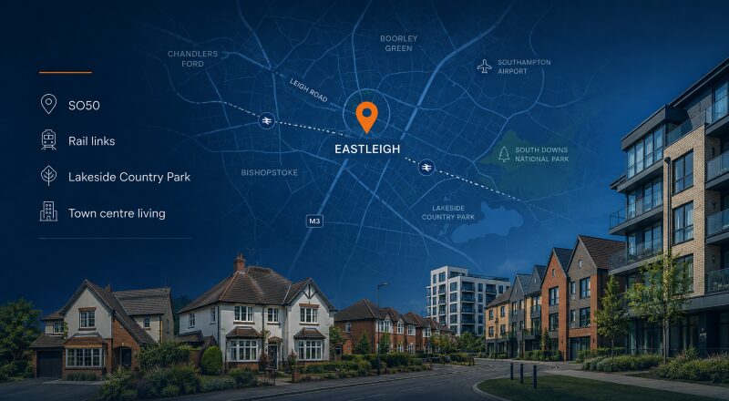 Mortgage Broker in Eastleigh hero image featuring an Eastleigh location map, SO50 postcode, rail links, Lakeside Country Park and varied local homes.