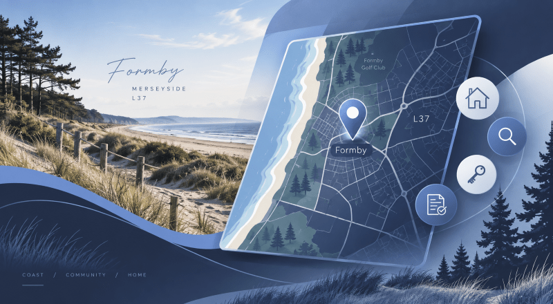 Mortgage Broker in Formby location map featuring Formby coastline, L37 area and property search icons.