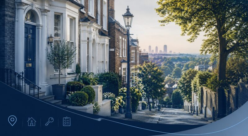 Mortgage Broker in Highgate hero image showing a leafy residential street, period homes and the London skyline.
