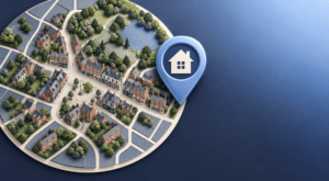 Mortgage Broker in Knutsford illustrated with a blue location pin, traditional homes and parkland on a stylised map.