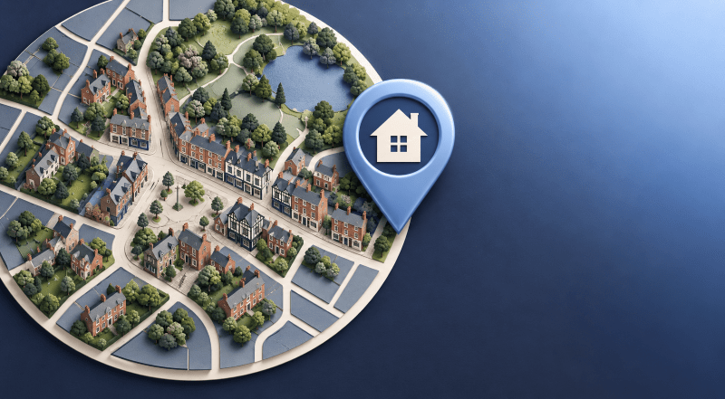 Mortgage Broker in Knutsford illustrated with a blue location pin, traditional homes and parkland on a stylised map.