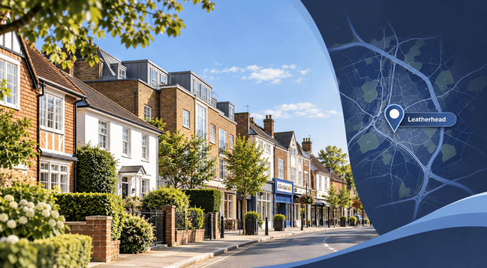 Mortgage Broker in Leatherhead, Surrey, with local homes and a Leatherhead map location marker.