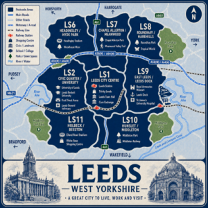 Illustrated blue and white vintage-style map poster of Leeds, West Yorkshire, showing postcode areas including LS1 Leeds City Centre, LS2 Civic Quarter and University, LS6 Headingley and Hyde Park, LS7 Chapel Allerton and Meanwood, LS8 Roundhay and Harehills, LS9 East Leeds and Leeds Dock, LS10 Hunslet and Middleton, and LS11 Holbeck and Beeston. The map includes major roads such as the M621, A58(M), A64(M), A61, and A660, railway lines, Leeds Station, the River Aire, the Leeds and Liverpool Canal, parks, shopping centres, universities, hospitals, and landmarks including Leeds Town Hall, the Corn Exchange, Royal Armouries Museum, Leeds Dock, Roundhay Park, Headingley Stadium, Elland Road Stadium, and Middleton Railway. A large title panel at the bottom reads “LEEDS WEST YORKSHIRE” with decorative illustrations of Leeds Town Hall and the Corn Exchange.