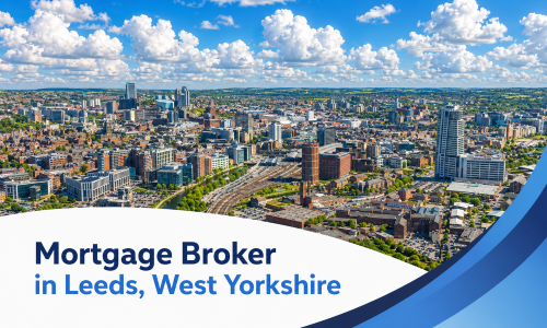 Mortgage Broker in Leeds, West Yorkshire banner showing a bright summer aerial view of Leeds city centre with high-rise buildings, railway tracks, surrounding greenery, and realistic fluffy clouds, with a white curved text panel, two-tone blue title, and blue wave graphics.