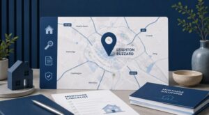 Mortgage Broker in Leighton Buzzard location map with property, key and mortgage document icons.