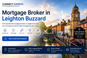 Mortgage Broker in Leighton Buzzard hero image showing the town centre and canal with Connect Experts mortgage services, including home buying, remortgage, buy-to-let, protection and specialist advice.