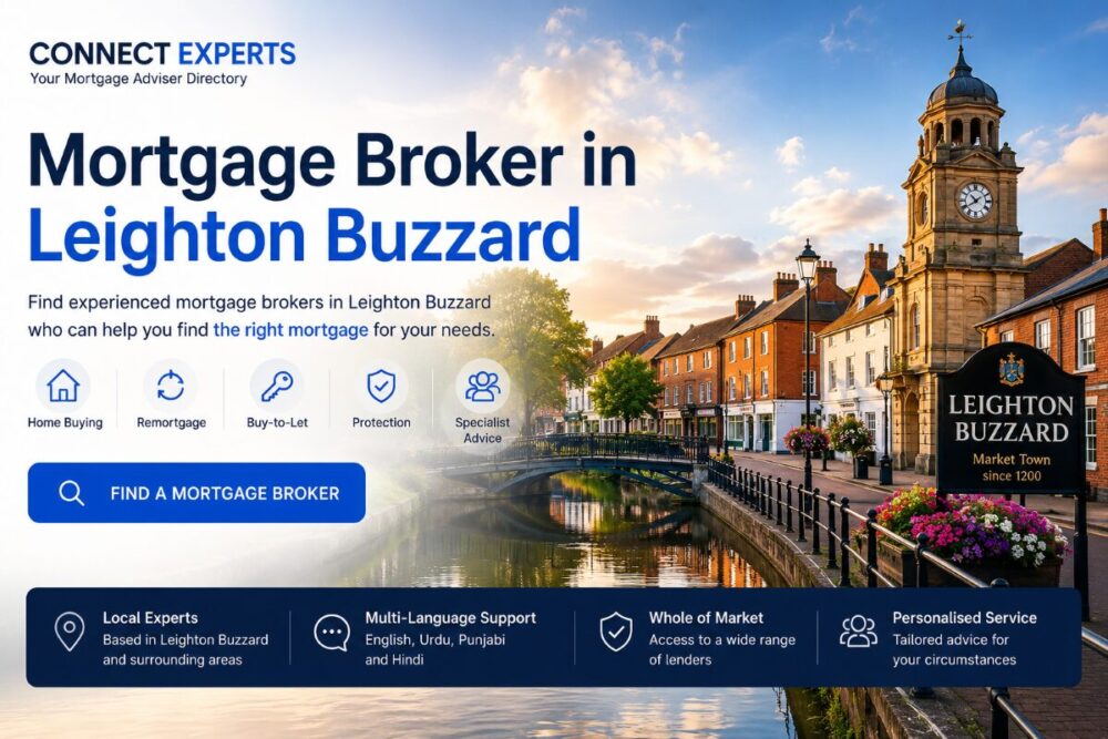 Mortgage Broker in Leighton Buzzard hero image showing the town centre and canal with Connect Experts mortgage services, including home buying, remortgage, buy-to-let, protection and specialist advice.