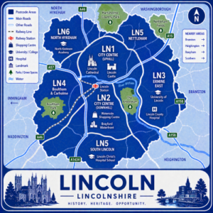 A square, blue-themed postcode map of Lincoln in Lincolnshire, styled with curved branded borders. The map highlights postcode areas LN1, LN2, LN3, LN4, LN5, and LN6. Major roads such as the A46, A15, A57, A158, and A1434 are labelled. Lincoln city centre (LN1/LN2) is marked near the middle, with Lincoln Station indicated. Key landmarks such as Lincoln Cathedral, Lincoln Castle, Brayford Waterfront, and the University of Lincoln are shown. Nearby areas including North Hykeham, Washingborough, Branston, and Nettleham are labelled. Green spaces such as Hartsholme Country Park, Boultham Park, and the Arboretum are shown in green, with the River Witham running through the city. The design uses layered blue tones with white text and clean boundary lines for clarity.