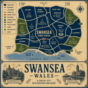 Vintage illustrated map poster of Neath, Glamorgan, with a cream parchment background and dark navy neighbourhood areas centred on Neath Town Centre. The map shows labelled roads, railway line, Neath Station, Neath Bus Station, schools, churches, shopping areas, parks, green spaces and the River Neath. Surrounding areas include Neath Abbey, Dyffryn, Blackthorn, Tyn-y-Wern, Baglan, Neath Vale and Victoria Gardens. Key landmarks include Neath Castle, Victoria Shopping Centre, St David’s Church, Neath Abbey Church, Neath Leisure Centre, Gnoll Country Park, Melincry Reservoir, Hillside Park and the River Neath. A decorative lower panel reads “NEATH, GLAMORGAN” with engraved-style illustrations of Neath Abbey and The Old Bridge, plus the subtitle “A historic town at the heart of South Wales.”