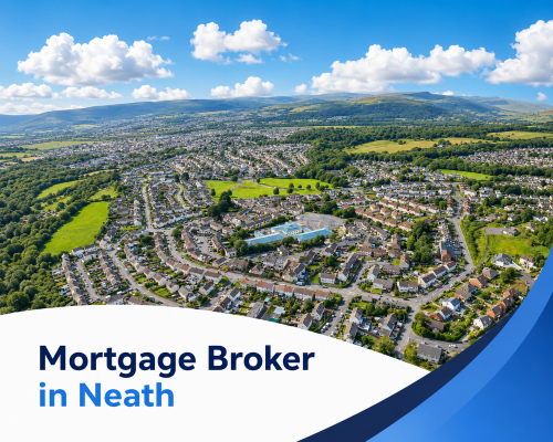 Bright summer aerial view of Neath with curving residential streets, green fields, wooded hills and distant mountains beneath realistic clouds, with branded blue and white graphics reading “Mortgage Broker in Neath”.