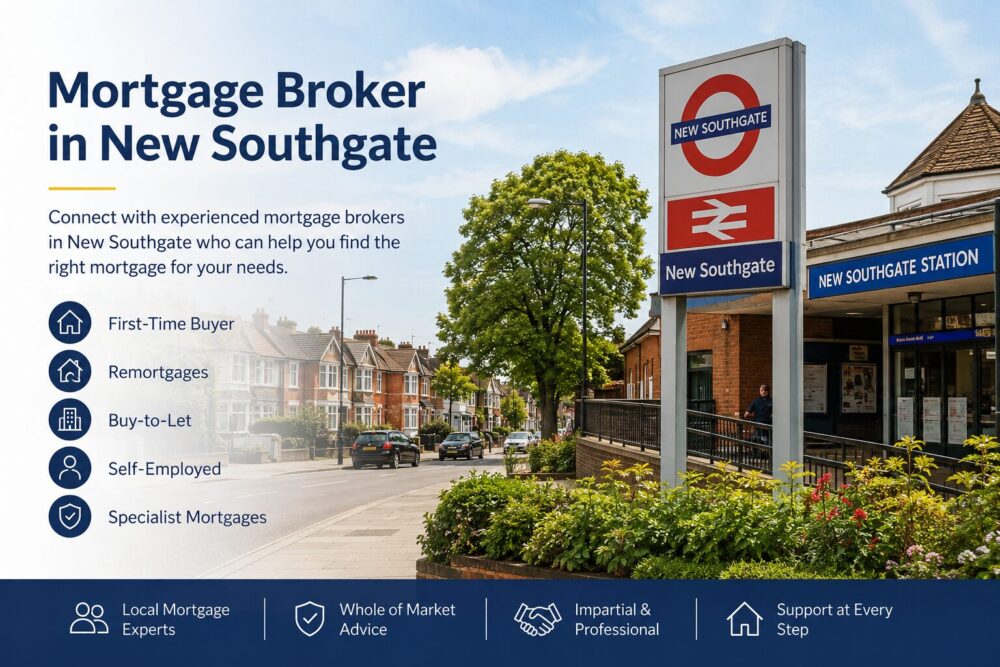 Mortgage Broker in New Southgate hero image with local station, homes and mortgage icons for first-time buyers, remortgages and specialist mortgages.