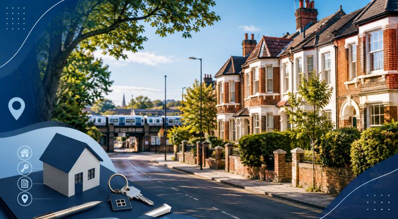 Mortgage Broker in New Southgate, featuring local residential streets, homes, transport links and mortgage-related icons.