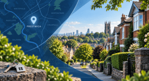 Mortgage Broker in Prestwich location map with residential homes and house keys
