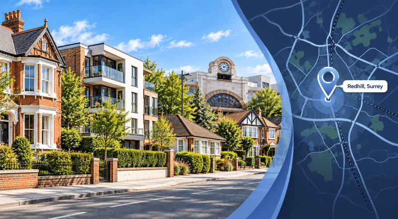Mortgage Broker in Redhill hero image showing a Redhill, Surrey streetscape with mixed property types, a local landmark, and a location map pin.