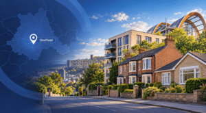 Mortgage Broker in Sheffield hero image showing a Sheffield street with varied homes, a local landmark, and a location pin over a map in branded blue tones.