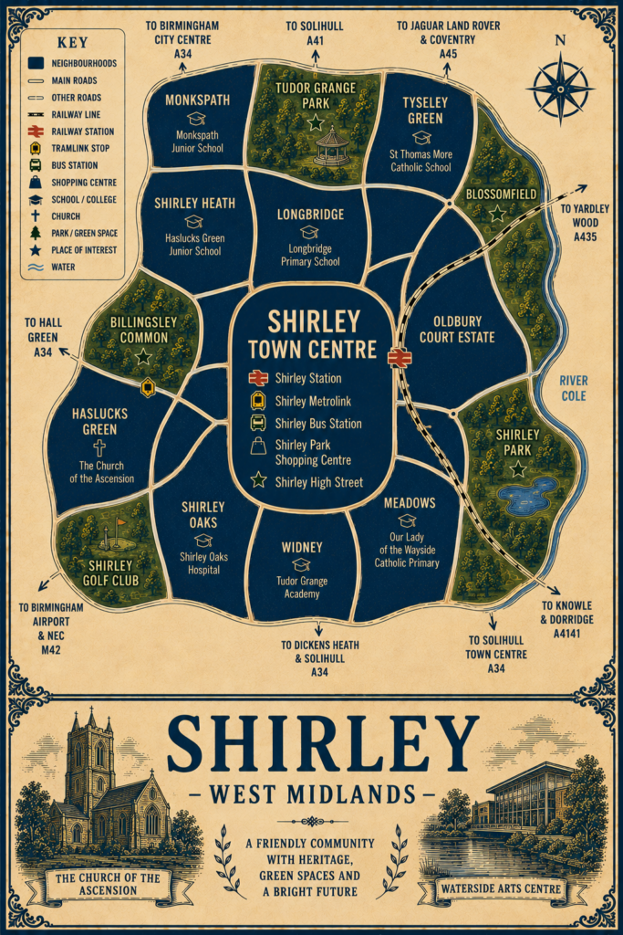 Vintage illustrated map poster of Shirley, West Midlands, with a cream parchment background and dark navy neighbourhood areas centred on Shirley Town Centre. The map shows labelled roads, railway line, Shirley Station, Shirley Metrolink, Shirley Bus Station, shopping centre, schools, churches, parks, green spaces, water features and the River Cole. Surrounding areas include Monkspath, Shirley Heath, Longbridge, Tyseley Green, Blossomfield, Oldbury Court Estate, Meadows, Widney, Shirley Oaks, Haslucks Green and Billingsley Common. Key landmarks include Shirley Park Shopping Centre, Shirley High Street, The Church of the Ascension, Tudor Grange Park, Billingsley Common, Shirley Golf Club, Shirley Park, Tudor Grange Academy, Shirley Oaks Hospital and nearby schools. A decorative lower panel reads “SHIRLEY, WEST MIDLANDS” with engraved-style illustrations of The Church of the Ascension and Waterside Arts Centre, plus the subtitle “A friendly community with heritage, green spaces and a bright future.”