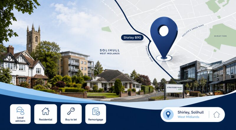 Mortgage Broker in Shirley hero image featuring a Shirley B90 location map, local homes, Stratford Road, Parkgate Shopping Centre, and mortgage service icons.