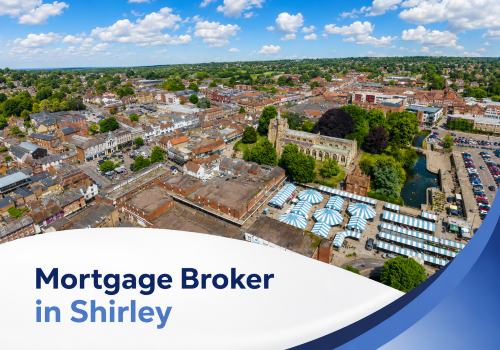 Promotional graphic showing an aerial view of Shirley on a bright summer’s day, with a church, town centre buildings, market stalls, trees, and a canal under a blue sky with realistic white clouds. A white curved banner overlays the bottom of the image with blue accents and the text “Mortgage Broker in Shirley” in two branded blue tones.