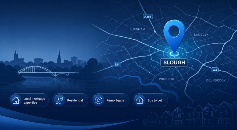 Mortgage Broker in Slough location map with property and mortgage icons highlighting local residential, remortgage and buy-to-let expertise.