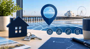 Mortgage Broker in Southport hero image featuring a Southport location pin, seafront pier backdrop, house icon, keys, and property-related symbols in dark blue and light blue tones.