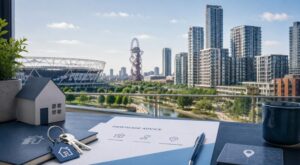 Mortgage Broker in Stratford with house keys and property documents overlooking the Queen Elizabeth Olympic Park skyline.