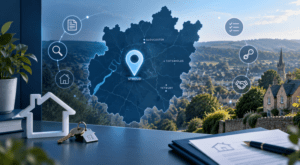 Mortgage Broker in Stroud location map with property icons, house keys and a Gloucestershire countryside backdrop.