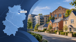 Mortgage Broker in Swindon location map with Swindon homes and local architecture.