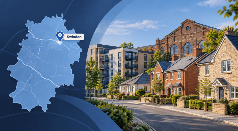 Mortgage Broker in Swindon location map with Swindon homes and local architecture.