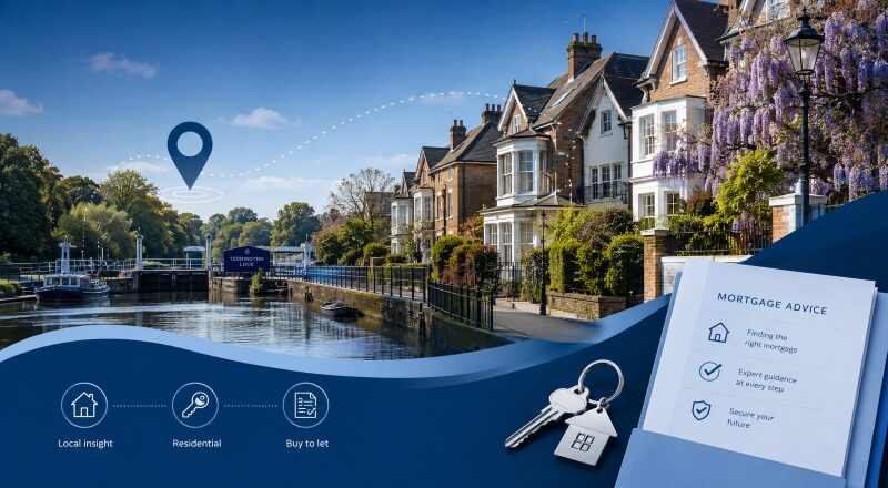 Mortgage Broker in Teddington hero image featuring Teddington Lock, riverside homes, a location pin, house keys and mortgage advice icons.