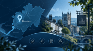 Mortgage Broker in Thornbury – location map and Gloucestershire property scene with mortgage and home-buying icons