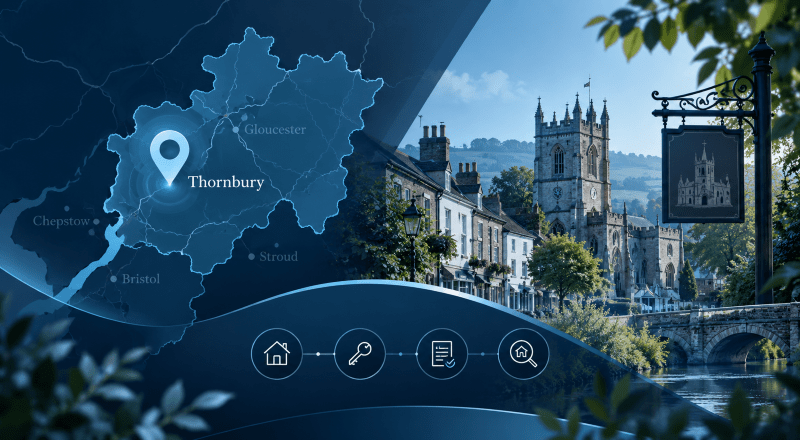 Mortgage Broker in Thornbury – location map and Gloucestershire property scene with mortgage and home-buying icons