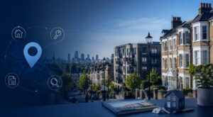 Mortgage Broker in Tottenham location guide with local homes, property icons and a map marker in Connect’s blue brand colours.