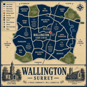 Vintage illustrated map poster of Wallington, Surrey, with a cream parchment background and dark navy neighbourhood areas centred on Wallington Town Centre. The map shows labelled roads, railway line, Wallington Station, Wallington Bus Station, schools, churches, parks, green spaces and the River Wandle. Surrounding areas include Carshalton Beeches, The Wrythe, Bandon Park, Wallington North, South Beddington, Woodcote, Wallington South, Rose Hill, Poundshaw and Roundshaw. Key landmarks include The Square Shopping Centre, Wallington County Grammar School, Wallington High School for Girls, Wilson’s School, St Peter & St Paul’s Church, Wallington Library and Heritage Centre, Beddington Park, Bandon Hill Recreation Ground and Woodcote Recreation Ground. A decorative lower panel reads “WALLINGTON, SURREY” with engraved-style illustrations of Wallington Clock Tower and St Peter & St Paul’s Church, plus the subtitle “A proud community, well connected.”