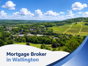 Promotional graphic showing a bright summer view over green countryside and houses in Wallington beneath a blue sky with large fluffy clouds, with a white curved banner at the bottom reading “Mortgage Broker in Wallington” in two shades of blue and a blue swoosh design on the right.