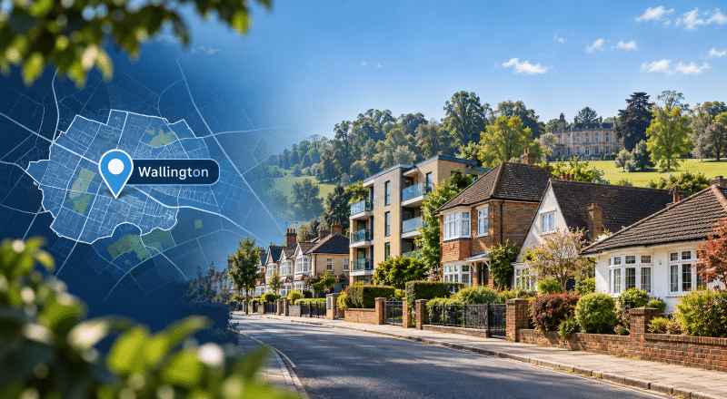Mortgage Broker in Wallington hero image showing a Surrey street scene with mixed property types, a local map overlay and a Wallington location pin.