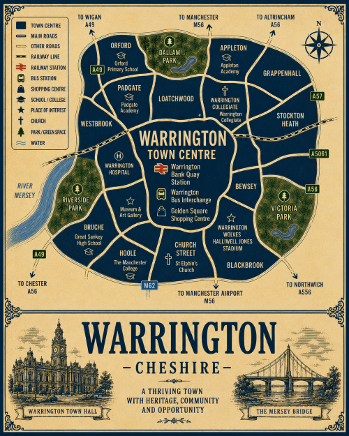 Vintage illustrated map poster of Warrington, Cheshire, with a cream parchment background and dark navy neighbourhood areas centred on Warrington Town Centre. The map shows labelled roads, railway line, Warrington Bank Quay Station, Warrington Bus Interchange, shopping areas, schools, churches, parks, green spaces and the River Mersey. Surrounding areas include Orford, Padgate, Westbrook, Bruche, Hoole, Church Street, Blackbrook, Bewsey, Stockton Heath, Grappenhall, Appleton and Latchford. Key landmarks include Warrington Town Hall, Golden Square Shopping Centre, Museum and Art Gallery, Warrington Hospital, St Elphin’s Church, Warrington Wolves Halliwell Jones Stadium, Dallam Park, Riverside Park and Victoria Park. A decorative lower panel reads “WARRINGTON, CHESHIRE” with engraved-style illustrations of Warrington Town Hall and the Mersey Bridge, plus the subtitle “A thriving town with heritage, community and opportunity.”