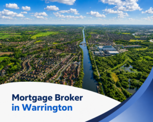 Bright summer aerial view of Warrington with a long river or canal running through residential neighbourhoods, industrial buildings, green fields and realistic clouds, with branded blue and white graphics reading “Mortgage Broker in Warrington”.